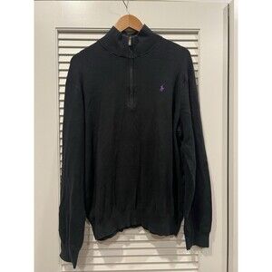 Polo Ralph Lauren Charcoal Grey Quarter Zip Purple Pony Rib Knit Sweater 2XL